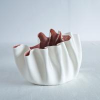 RUFFLED No8 white porcelain freeform bowl soft red glaze Vanillakiln