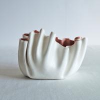 RUFFLED No8 white porcelain freeform bowl soft red glaze Vanillakiln