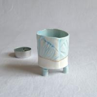 RUCHED No9, white porcelain, tea light holder, three feet, blue, gold lustre, Vanillakiln, UK, white candle holder, cotton bu