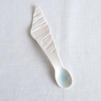RUCHED No2, white porcelain, collectable spoon, amuse bouche, blue glaze, Vanillakiln, UK, fabric impression,