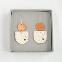 porcelain heart earrings, statement earrings, 18th anniversary, 22nd anniversary, confetti texture, gold lustre, copper, 7th 