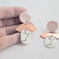 porcelain face earrings, ladies copper earrings, 7th anniversary gift, rose gold, vermeil, 925 sterling silver, ear studs, st