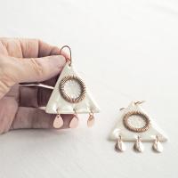Sun & rain, triangle, rain drops, porcelain earrings, copper jewellery, 7th anniversary gift, rose gold vermeil, 925 sterling