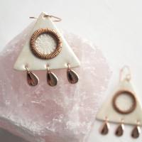 Sun & rain, triangle, rain drops, porcelain earrings, copper jewellery, 7th anniversary gift, rose gold vermeil, 925 sterling