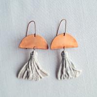 Grey tassel earrings, porcelain earrings, 7th anniversary gift, ladies copper earrings, rose gold filled, statement earrings,