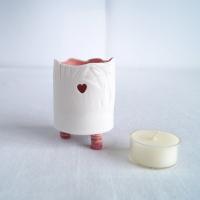 RUCHED No9, white porcelain, tea light holder, three feet, soft red, pink, gold lustre, Vanillakiln, UK, white candle holder,