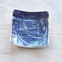 JEANS bowl, ceramic coin bowl, white porcelain, blue denim, Vanillakiln, UK, ceramic man bowl, square ceramic bowl, 