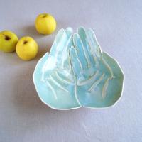 Large OFFERING hands bowl, white porcelain, turquoise aqua Vanillakiln