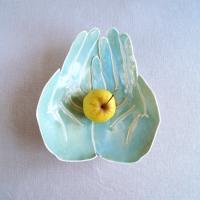 Large OFFERING hands bowl, white porcelain, turquoise aqua Vanillakiln