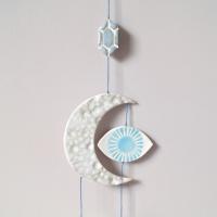 Mystic EYE LIGHT hanging ceramic wall art with porcelain symbols, Vanillakiln