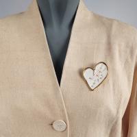 Porcelain embroidery HEART brooch, white pink porcelain, 24 k gold lustre, white porcelain brooch, embroidery impressed porce