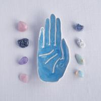 PALM, ceramic hand, ring dish, hand crystal dish, white porcelain, hand, blue lake, candle holder, Vanillakiln, UK, palm line