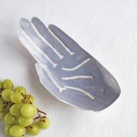 PALM, ceramic hand, crystal bowl, fruit bowl, white porcelain, grey blue, Vanillakiln, decorative bowl, UK, large hand, ceram