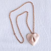 porcelain gift, draped heart necklace, pink satin, snake chain, rose gold necklace, stainless steel, omega necklet, VanillaKi