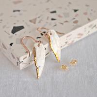 White porcelain, feather earrings, tiny feather earrings, white gold, pink copper, ceramic earrings, 1st anniversary, 18th an