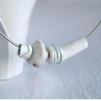 LINEN bead necklace, modern necklace, 8th anniversary, 12th anniversary, white porcelain beads, celadon blue glaze, 925 sterl