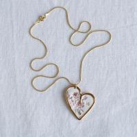 Nostalgic heart, white porcelain necklace, embroidery impressed heart, heart necklace, gold filled, gold lustre, snake chain,