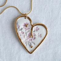 Nostalgic heart, white porcelain necklace, embroidery impressed heart, heart necklace, gold filled, gold lustre, snake chain,