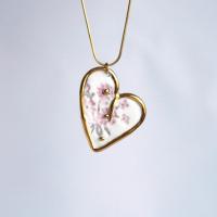 Nostalgic heart, white porcelain necklace, embroidery impressed heart, heart necklace, gold filled, gold lustre, snake chain,