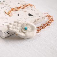 Mystic hand pendulum, EYE LIGHT pendulum, white porcelain hand, turquoise eye, copper chain, toggle clasp, Vanillakiln, coppe