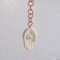 Mystic hand pendulum, EYE LIGHT pendulum, white porcelain hand, turquoise eye, copper chain, toggle clasp, Vanillakiln, coppe