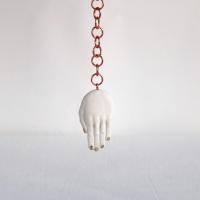 Mystic hand pendulum, EYE LIGHT pendulum, white porcelain hand, turquoise eye, copper chain, toggle clasp, Vanillakiln, coppe