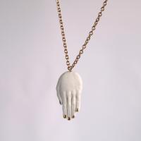 sculpted porcelain hand, hand sculpture, hand pendant, hand necklace, gold lustre porcelain, rose gold necklace, rose gold li