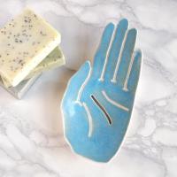 ceramic, HAND soap dish, white porcelain, blue lake, Vanillakiln, UK, porcelain hand, ceramic hand, blue soap dish,