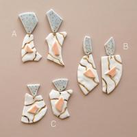No3, TERRAZZO inspired, mis-matched earrings, porcelain, gold, TERRAZZO earrings, grey, citrus, gold white porcelain earrings