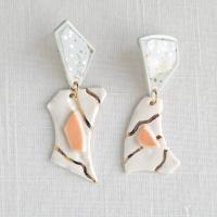 No3, TERRAZZO inspired, mis-matched earrings, porcelain, gold, TERRAZZO earrings, grey, citrus, gold white porcelain earrings