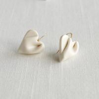 Draped heart earrings, gold fill wires, satin white glaze, pierced ears, 18th wedding anniversary gift, Valentine's day gift,
