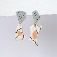 No3, TERRAZZO inspired, mis-matched earrings, porcelain, gold, TERRAZZO earrings, grey, citrus, gold white porcelain earrings