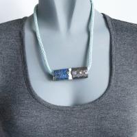 LACE bead necklace, white porcelain, rope necklace, midnight blue, aqua, glaze, silk braided rope, Vanillakiln, Mothers Day,