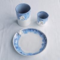 Water lily bathroom set, three piece set, bathroom accessories set, ceramic cup, porcelain tumbler, ceramic tumbler, blue white porcelain, reactive glaze, toothbrush holder, water cup, white porcelain cup, blue ceramic tumbler, ceramic toothbrush holder, 