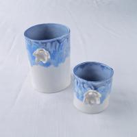 Water lily bathroom set, three piece set, bathroom accessories set, ceramic cup, porcelain tumbler, ceramic tumbler, blue white porcelain, reactive glaze, toothbrush holder, water cup, white porcelain cup, blue ceramic tumbler, ceramic toothbrush holder, 