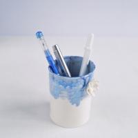 Water lily bathroom set, three piece set, bathroom accessories set, ceramic cup, porcelain tumbler, ceramic tumbler, blue white porcelain, reactive glaze, toothbrush holder, water cup, white porcelain cup, blue ceramic tumbler, ceramic toothbrush holder, 