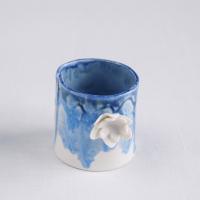 Water lily bathroom set, three piece set, bathroom accessories set, ceramic cup, porcelain tumbler, ceramic tumbler, blue white porcelain, reactive glaze, toothbrush holder, water cup, white porcelain cup, blue ceramic tumbler, ceramic toothbrush holder, 