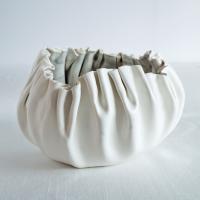 RUFFLED No7, white porcelain bowl, white artisan bowl, artistic bowl, freeform bowl, statement bowl, white fruit bowl, shelf 