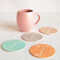 Face, coasters, pastel colour, mint, orange, pink, grey, porcelain face, ceramics with faces, face coasters, coasters with fa