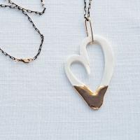 Gold DIPPED porcelain heart necklace, 24 k gold lustre, long contemporary necklace, freeform heart, open heart pendant, gold 