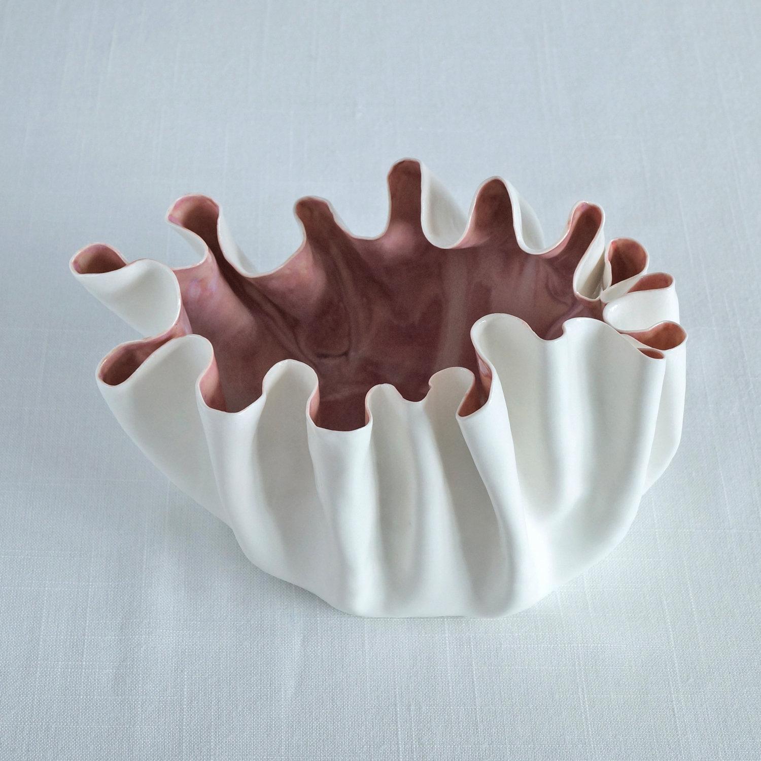 RUFFLED No8 white porcelain freeform bowl soft red glaze Vanillakiln