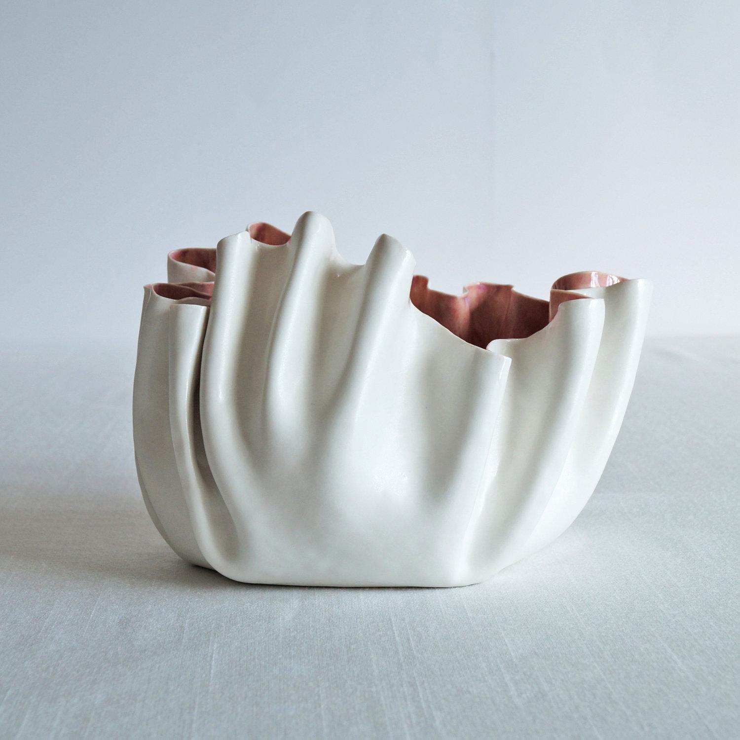 RUFFLED No8 white porcelain freeform bowl soft red glaze Vanillakiln