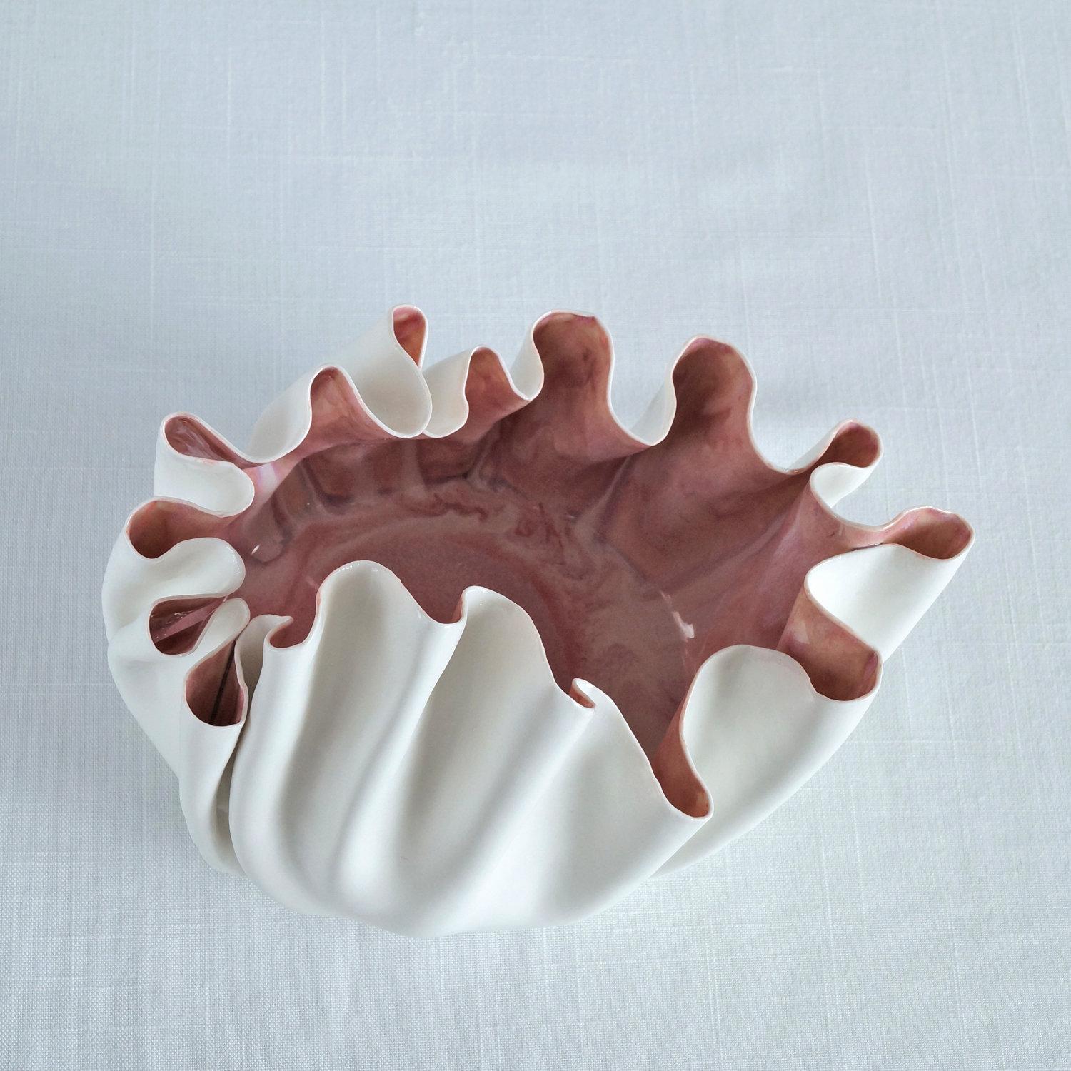 RUFFLED No8, white porcelain bowl, artisan bowl, artistic bowl, freeform bowl, statement bowl, shelf piece, focal point, soft