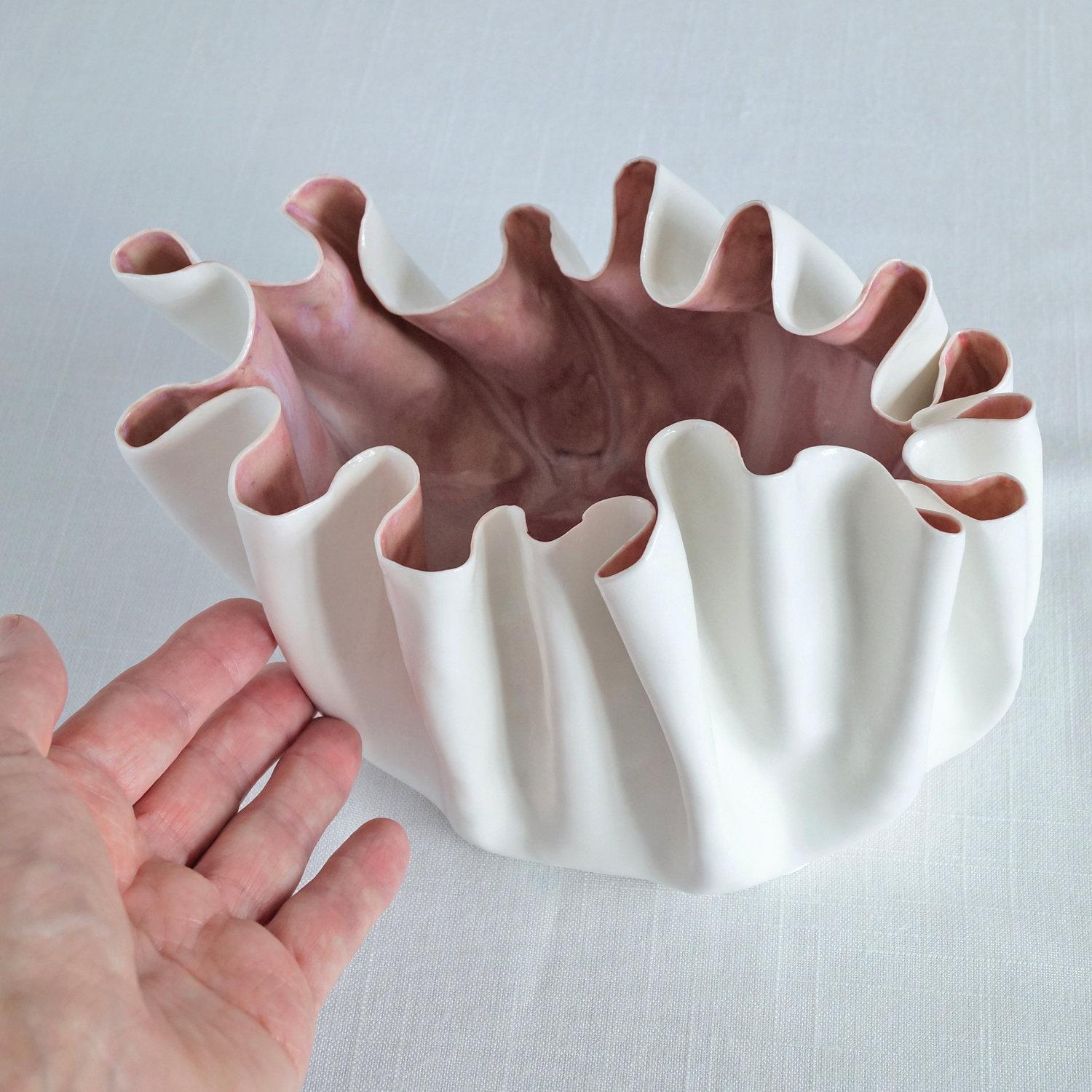 RUFFLED No8 white porcelain freeform bowl soft red glaze Vanillakiln