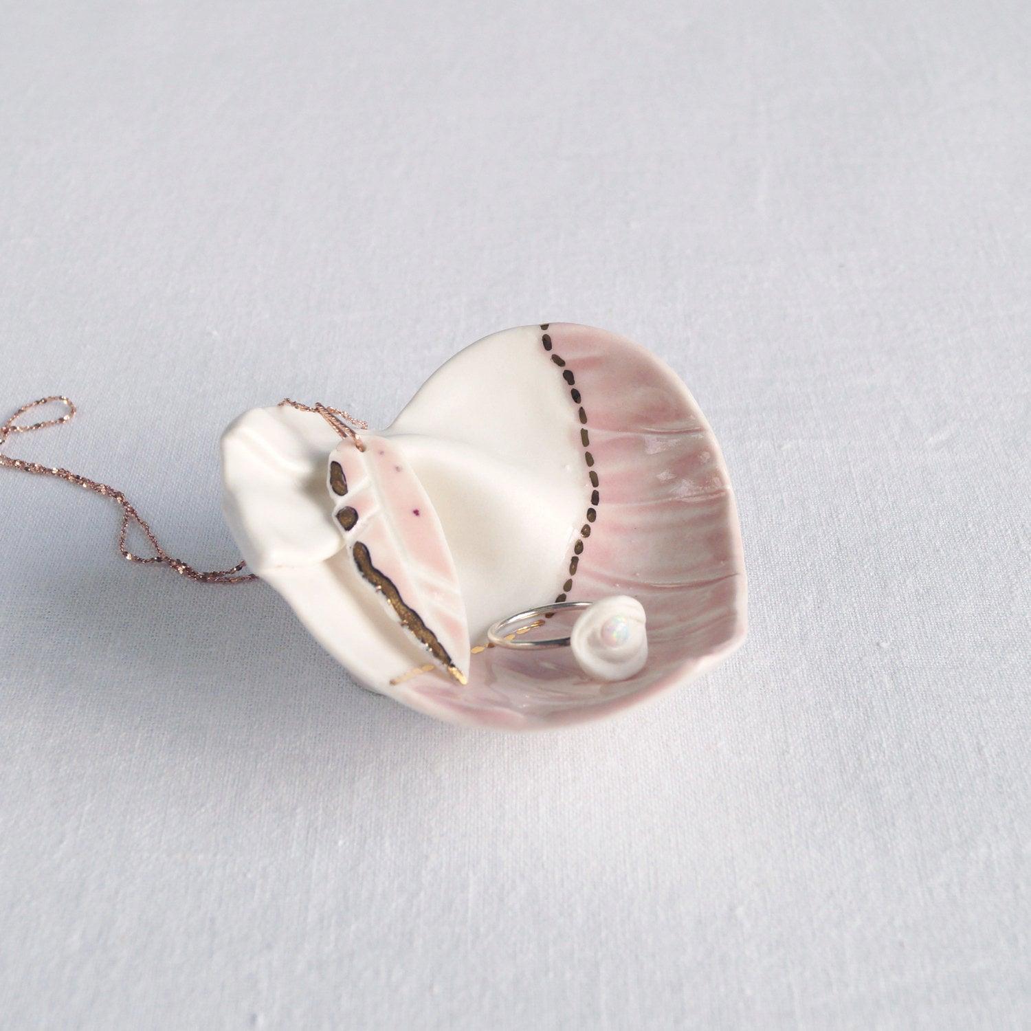 RUCHED 3 freeform porcelain heart ring dish pink gold VanillaKiln