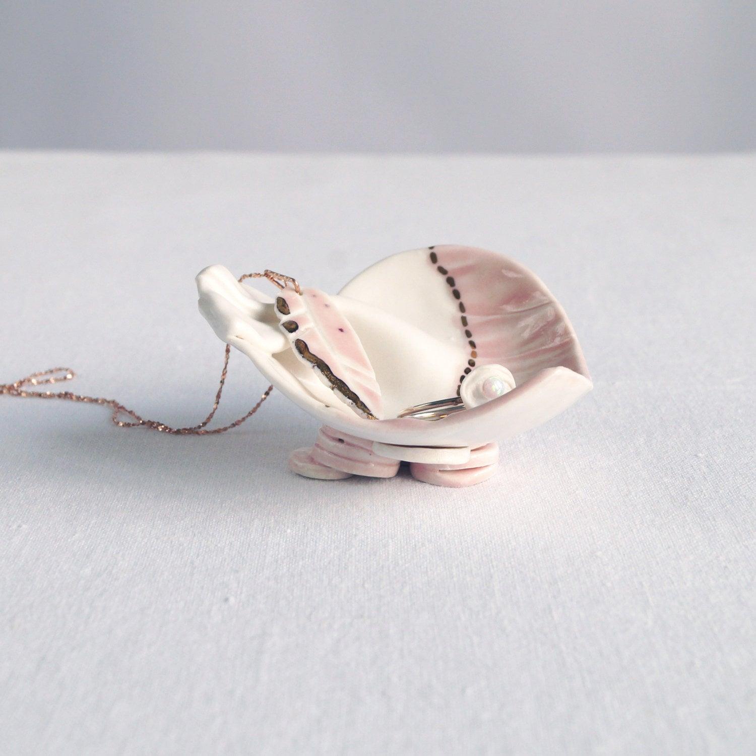 RUCHED 3 freeform porcelain heart ring dish pink gold VanillaKiln