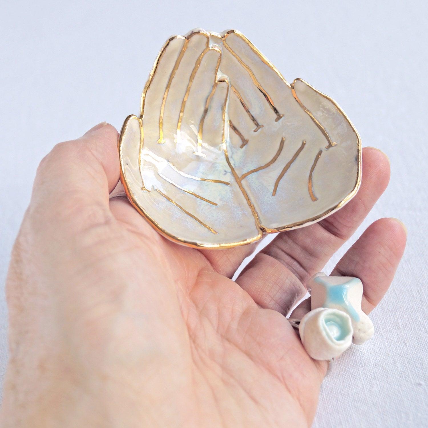 OFFERING hands, ceramic bowl, white porcelain, soft white, gold lustre ware, Vanillakiln, uk, crystal storage, miniature bowl