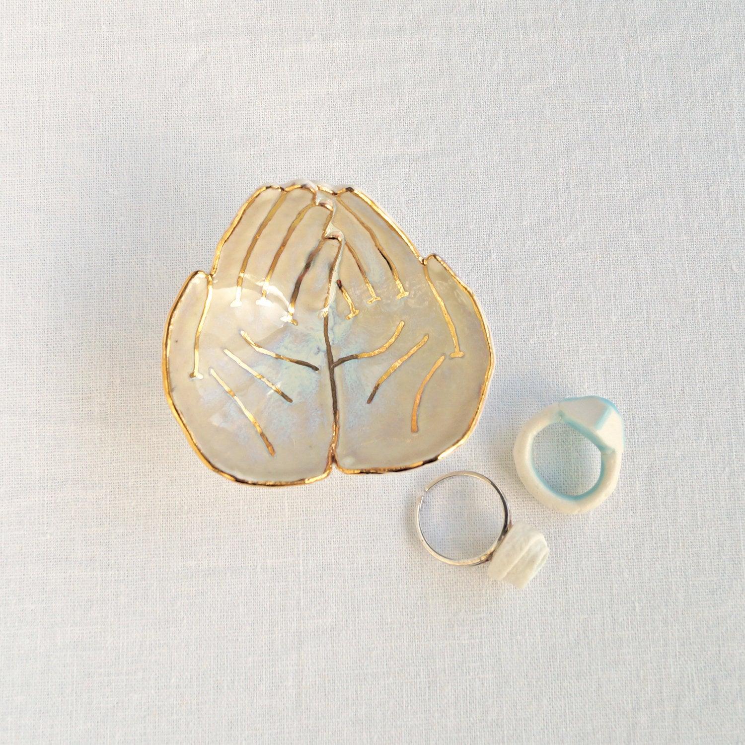 OFFERING hands, ceramic bowl, white porcelain, soft white, gold lustre ware, Vanillakiln, uk, crystal storage, miniature bowl