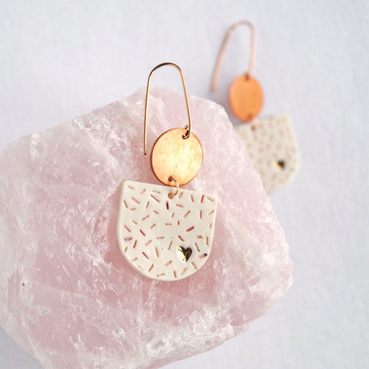porcelain heart earrings, statement earrings, 18th anniversary, 22nd anniversary, confetti texture, gold lustre, copper, 7th 