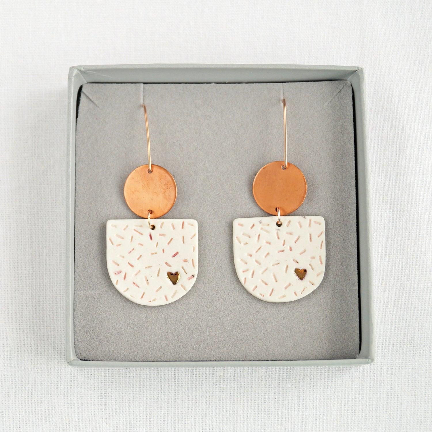 porcelain heart earrings, statement earrings, 18th anniversary, 22nd anniversary, confetti texture, gold lustre, copper, 7th 